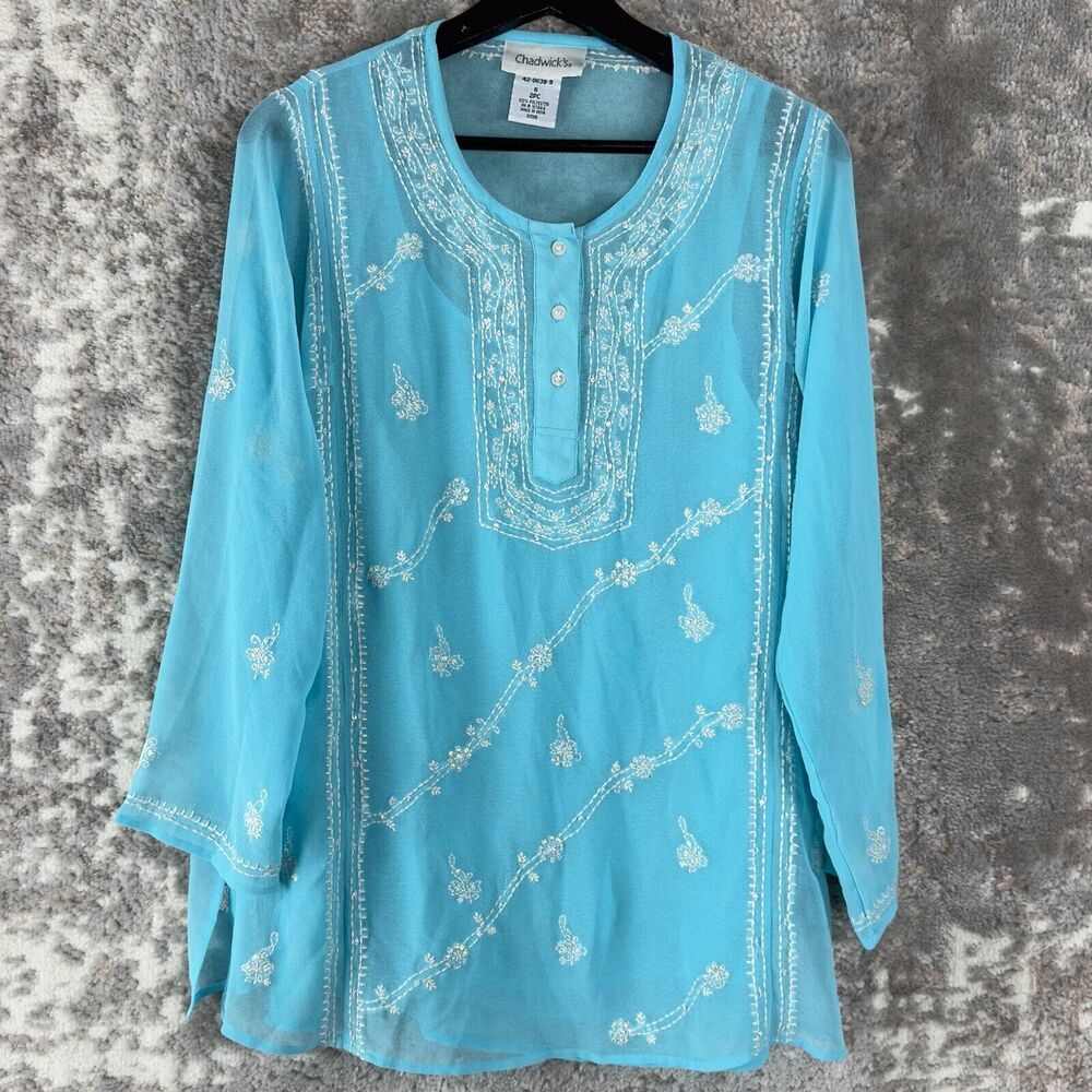 Chadwicks Size 6 Floral 2PC Semi Sheer‎ Top Blue Long Sleeve Button Casual Shirt